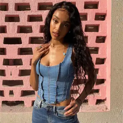 S-L Women Denim Patchwork Tank Top with U-Neck and Zipper