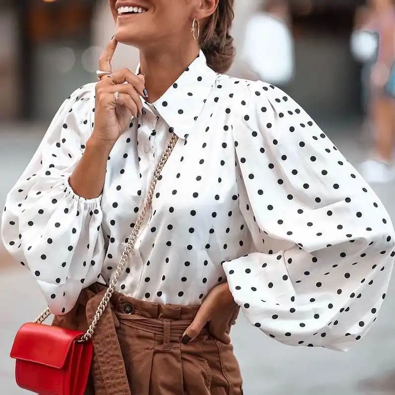 S-5XL Women Polka Dot Printed Lantern Sleeve Blouse for Office Commuting