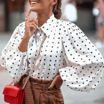 S-5XL Women Polka Dot Printed Lantern Sleeve Blouse for Office Commuting