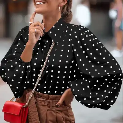 S-5XL Women Polka Dot Printed Lantern Sleeve Blouse for Office Commuting