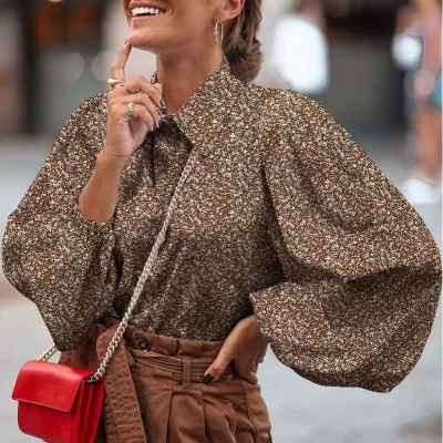 S-5XL Women Polka Dot Printed Lantern Sleeve Blouse for Office Commuting