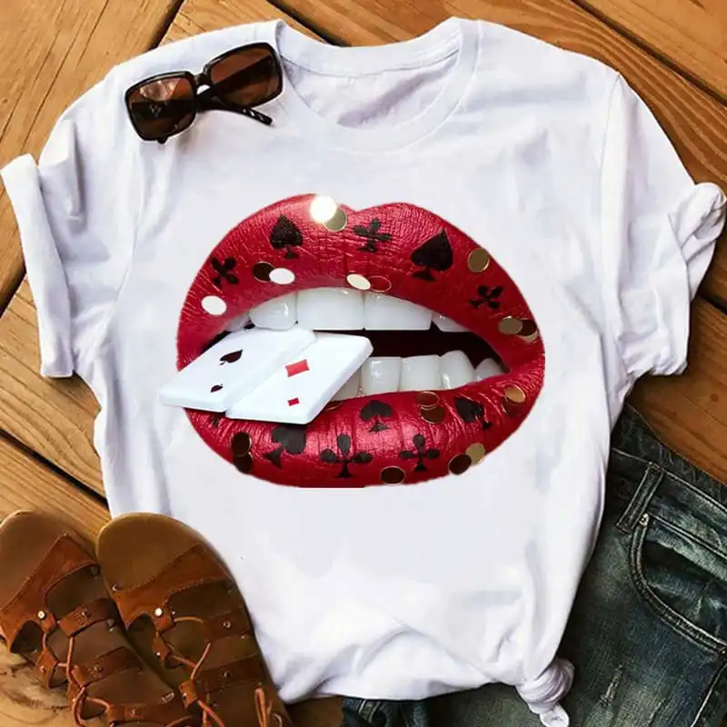 S-3XL Women Lip Printed Polyester T-Shirt Urban Leisure Crew Neck