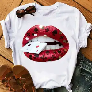S-3XL Women Lip Printed Polyester T-Shirt Urban Leisure Crew Neck