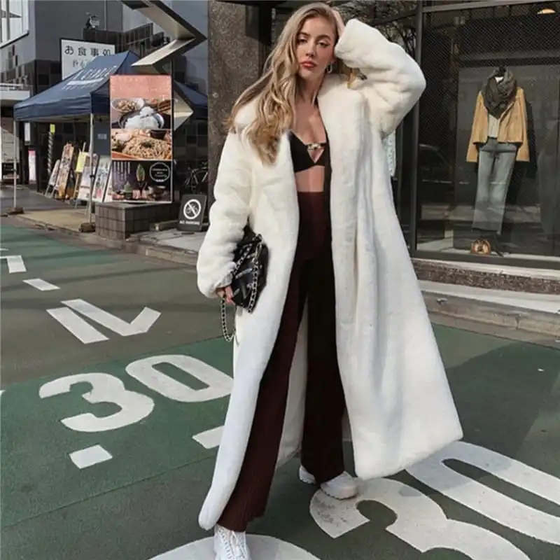 S-3XL Women Lapel Solid Color Faux Fur Overcoat