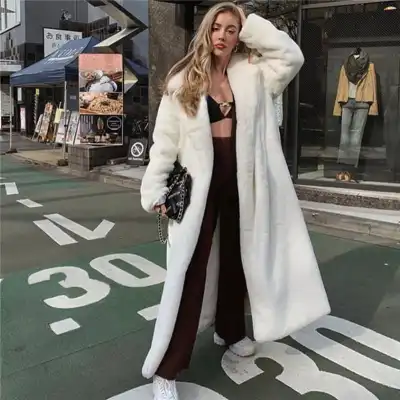 S-3XL Women Lapel Solid Color Faux Fur Overcoat