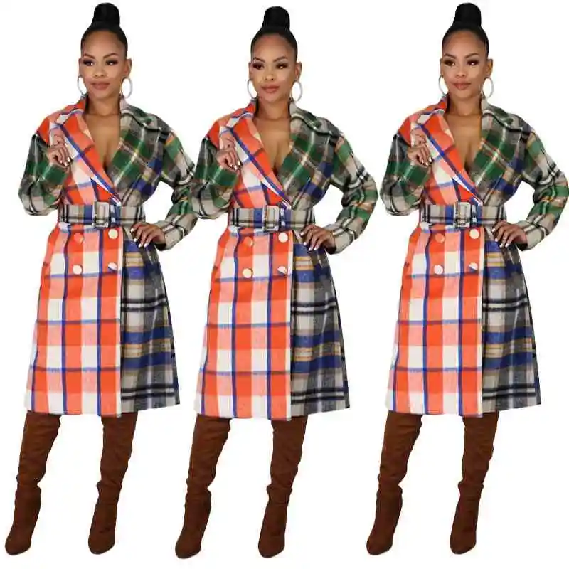 S-4XL Women Contrast Color Patchwork Plaid Printed Overcoat
