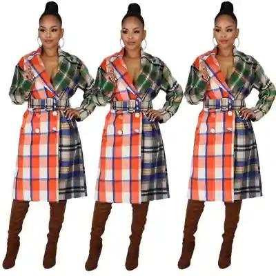 S-4XL Women Contrast Color Patchwork Plaid Printed Overcoat