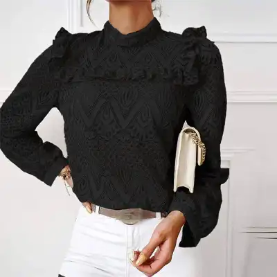 S-2xl Women Chic Mock Neck Lace Patchwork Ruffle Blouse