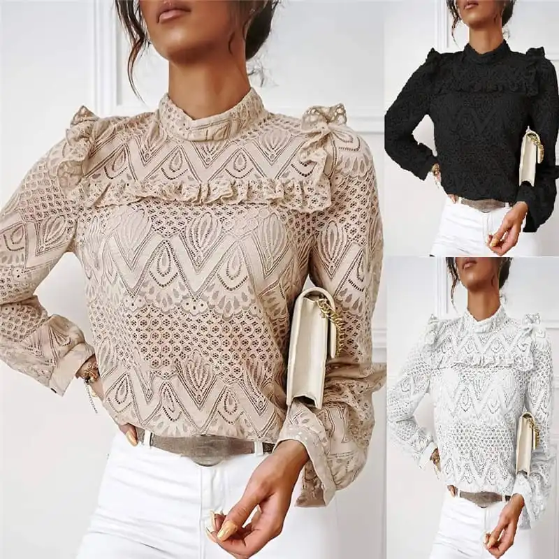 S-2xl Women Chic Mock Neck Lace Patchwork Ruffle Blouse