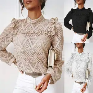 S-2xl Women Chic Mock Neck Lace Patchwork Ruffle Blouse