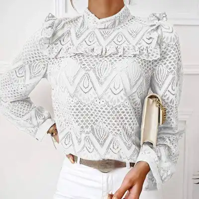 S-2xl Women Chic Mock Neck Lace Patchwork Ruffle Blouse