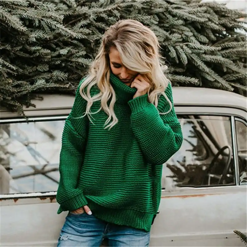 S-3XL Women Fashion Turtle Neck Solid Color Long Sleeve Knitwear Pullover