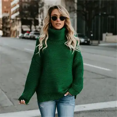 S-3XL Women Fashion Turtle Neck Solid Color Long Sleeve Knitwear Pullover
