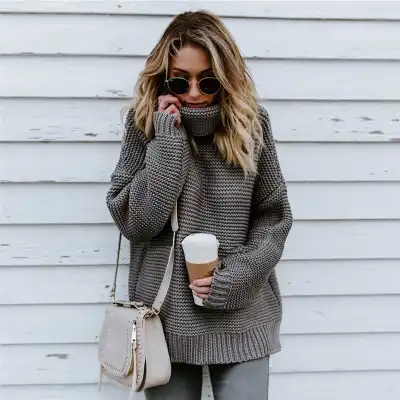 S-3XL Women Fashion Turtle Neck Solid Color Long Sleeve Knitwear Pullover