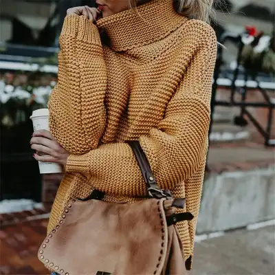 S-3XL Women Fashion Turtle Neck Solid Color Long Sleeve Knitwear Pullover