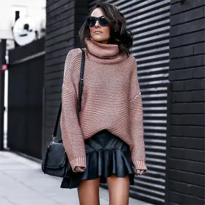 S-3XL Women Fashion Turtle Neck Solid Color Long Sleeve Knitwear Pullover