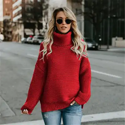 S-3XL Women Fashion Turtle Neck Solid Color Long Sleeve Knitwear Pullover