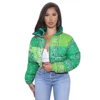 Winter Women Stand Collar Contrast Color Patchwork Quilted Coat