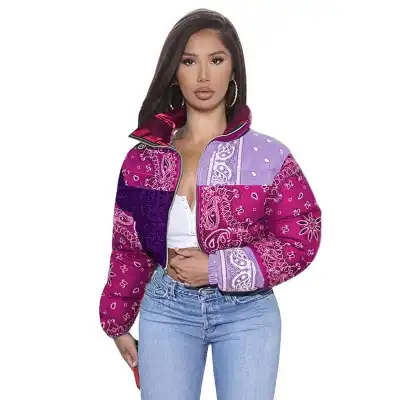 Winter Women Stand Collar Contrast Color Patchwork Quilted Coat