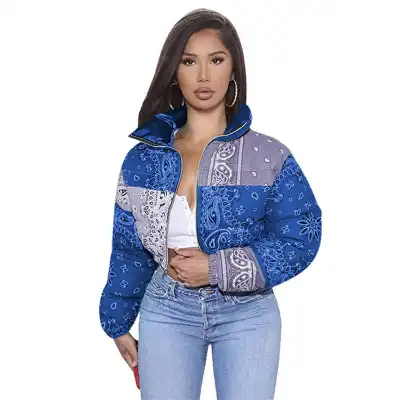 Winter Women Stand Collar Contrast Color Patchwork Quilted Coat