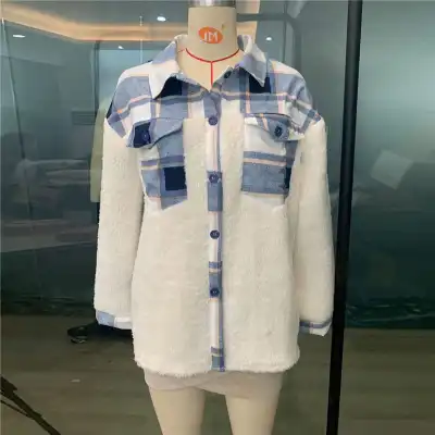 S-XL Women Lapel Plaid Printed Plush Coat Casual Urban Leisure