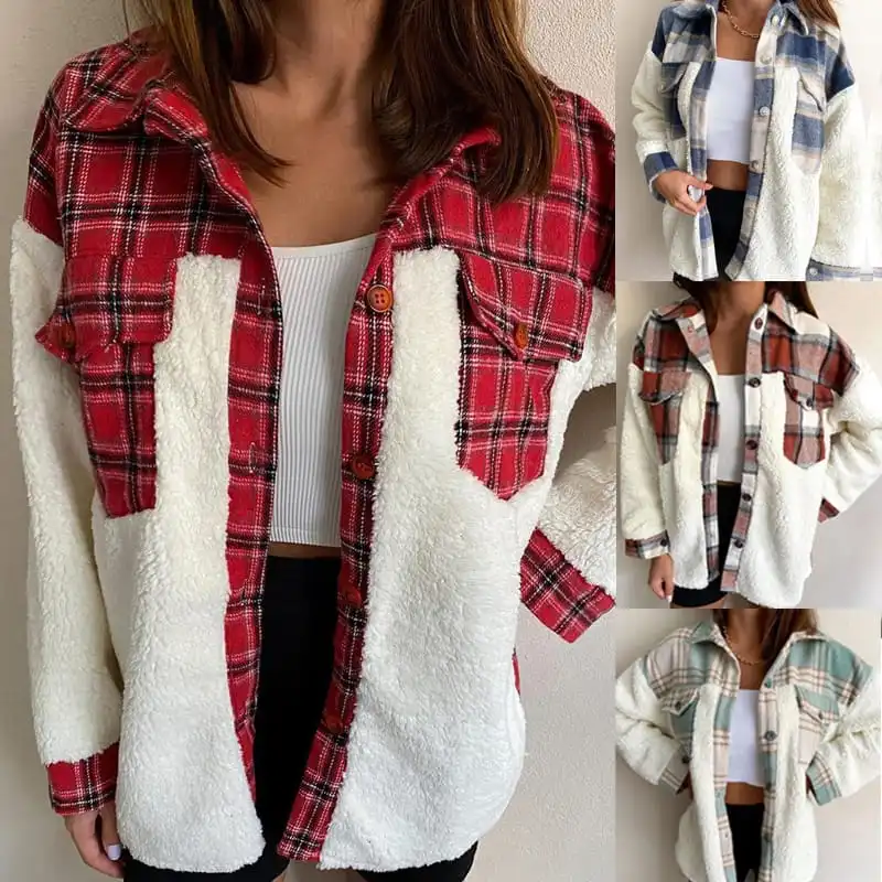 S-XL Women Lapel Plaid Printed Plush Coat Casual Urban Leisure