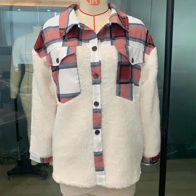 S-XL Women Lapel Plaid Printed Plush Coat Casual Urban Leisure