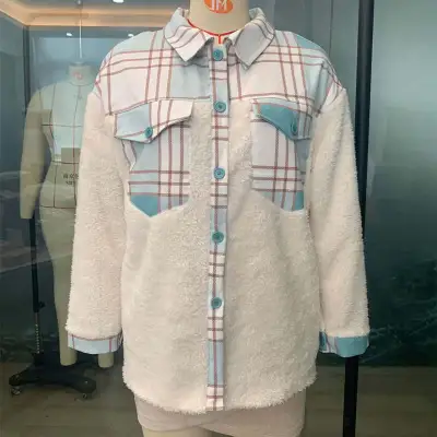 S-XL Women Lapel Plaid Printed Plush Coat Casual Urban Leisure