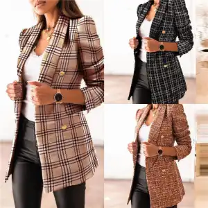 S-3XL Women Lapel Plaid Printed Long Sleeve Blazer
