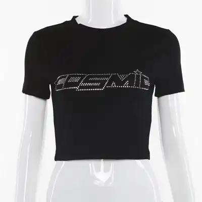 S-XL Women Rhinestone Letter Short Sleeve Crop Top Street Style