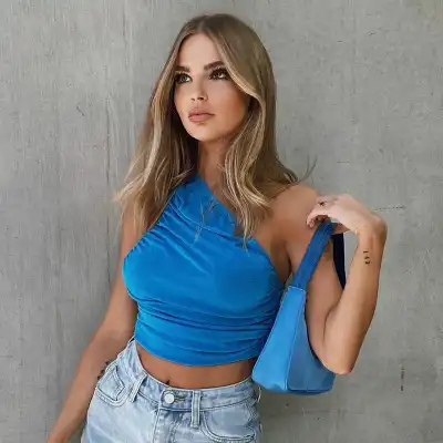 S-L Women Sexy Oblique Shoulder Solid Color Creased Crop Top