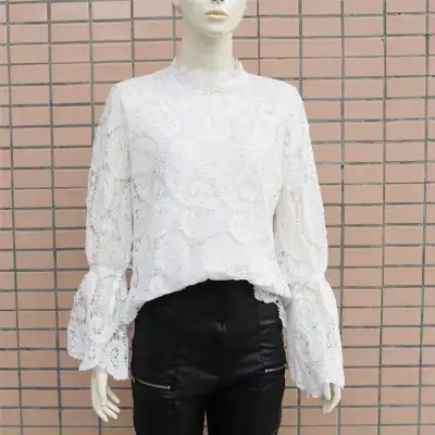 S-XL Women Fashion Lace Stand Collar Hollow Out Solid Color Blouse