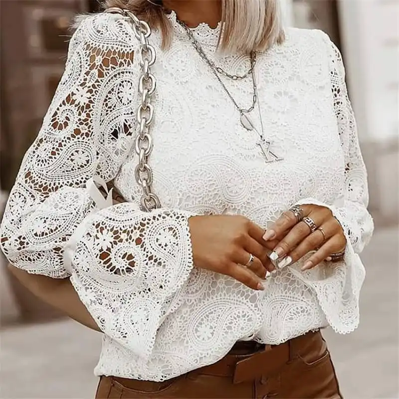 S-XL Women Fashion Lace Stand Collar Hollow Out Solid Color Blouse