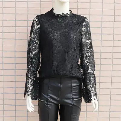 S-XL Women Fashion Lace Stand Collar Hollow Out Solid Color Blouse