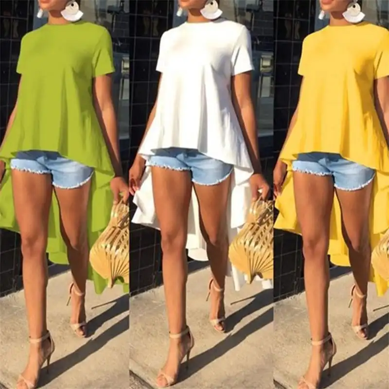 S-2XL Women Fashion Solid Color Irregular High Low Hemline Blouse