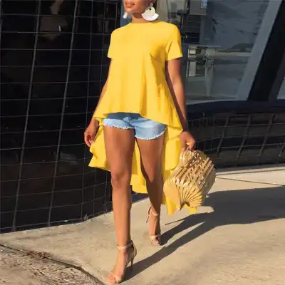 S-2XL Women Fashion Solid Color Irregular High Low Hemline Blouse