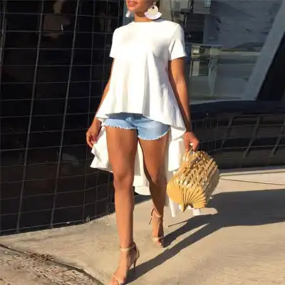 S-2XL Women Fashion Solid Color Irregular High Low Hemline Blouse