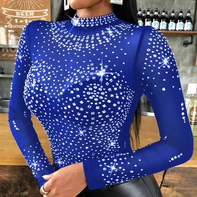 S-XL Women Mock Neck Rhinestone Mesh Blouse