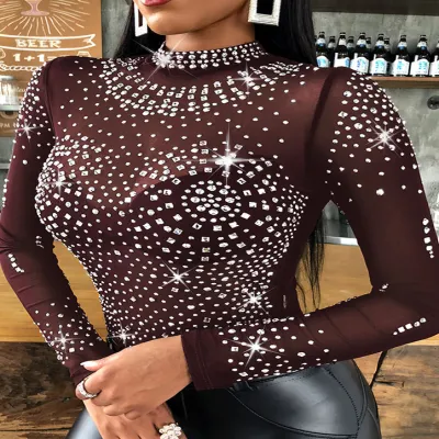S-XL Women Mock Neck Rhinestone Mesh Blouse