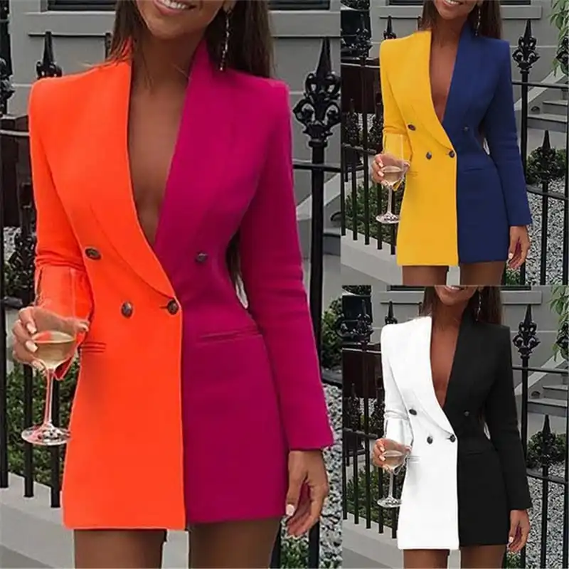 S-2XL Women Fashion Color Blocking Patchwork Blazer Jacket
