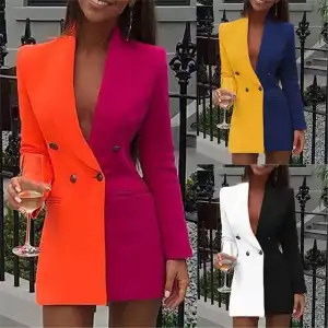 S-2XL Women Fashion Color Blocking Patchwork Blazer Jacket