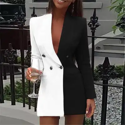 S-2XL Women Fashion Color Blocking Patchwork Blazer Jacket