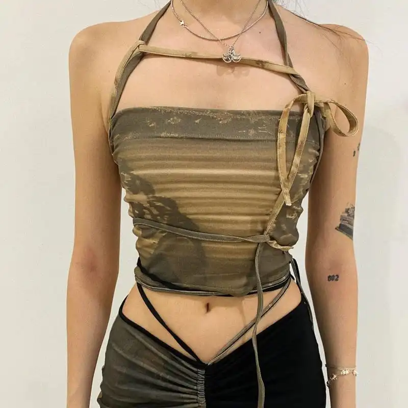 S-L Women Graphic Printed Irregular Strap Crop Top