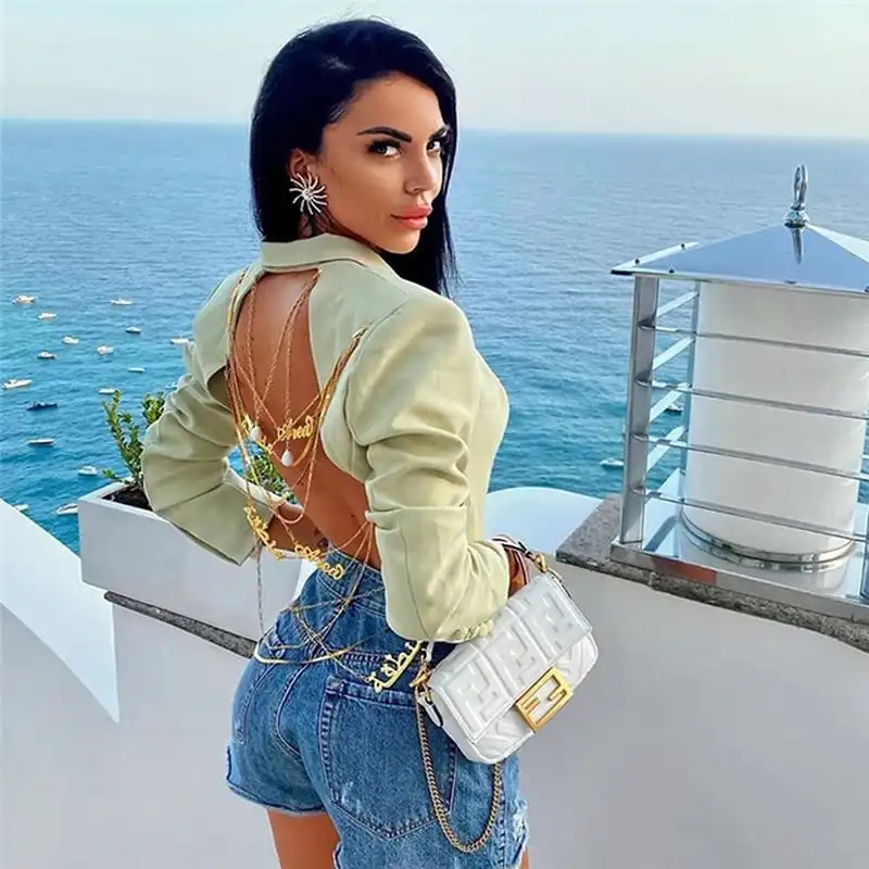 S-L Women Edgy Style Backless Chain Decoration Irregular Hem Blazer