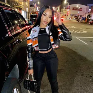 S-2XL Women Color Block Patchwork Crop Baseball Jacket for OL Commuting