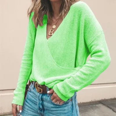 S-5XL Women Casual Solid Color Long Sleeve Asymmetric Surplice Knit Pullover