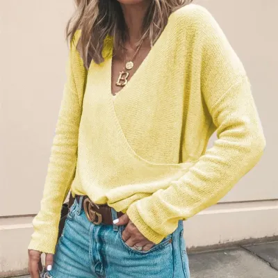 S-5XL Women Casual Solid Color Long Sleeve Asymmetric Surplice Knit Pullover
