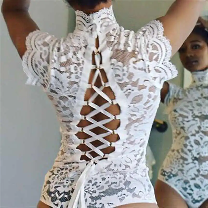 S-XL Women Sexy Lace Backless Sleeveless Mesh Bodysuit
