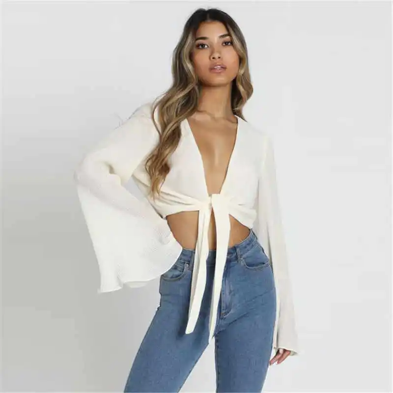 S-XL Women Sexy Deep V Solid Color Knot Flare Sleeve Crop Top