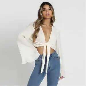S-XL Women Sexy Deep V Solid Color Knot Flare Sleeve Crop Top